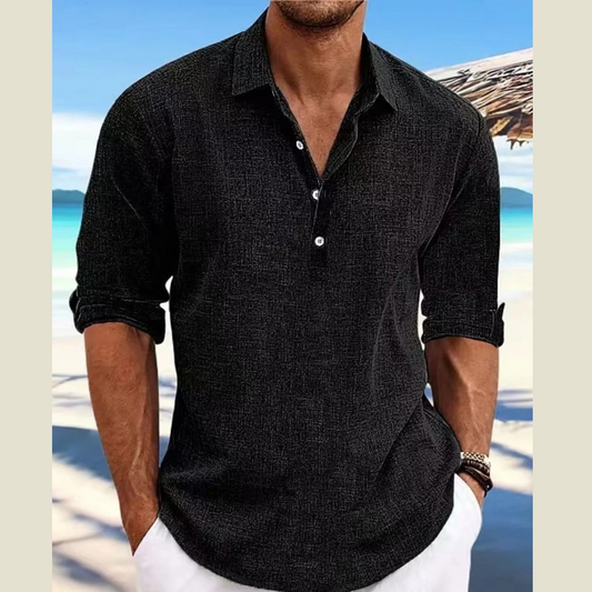 Men's Full Size Casual Linen Long Sleeve Polo Shirt Plus Size