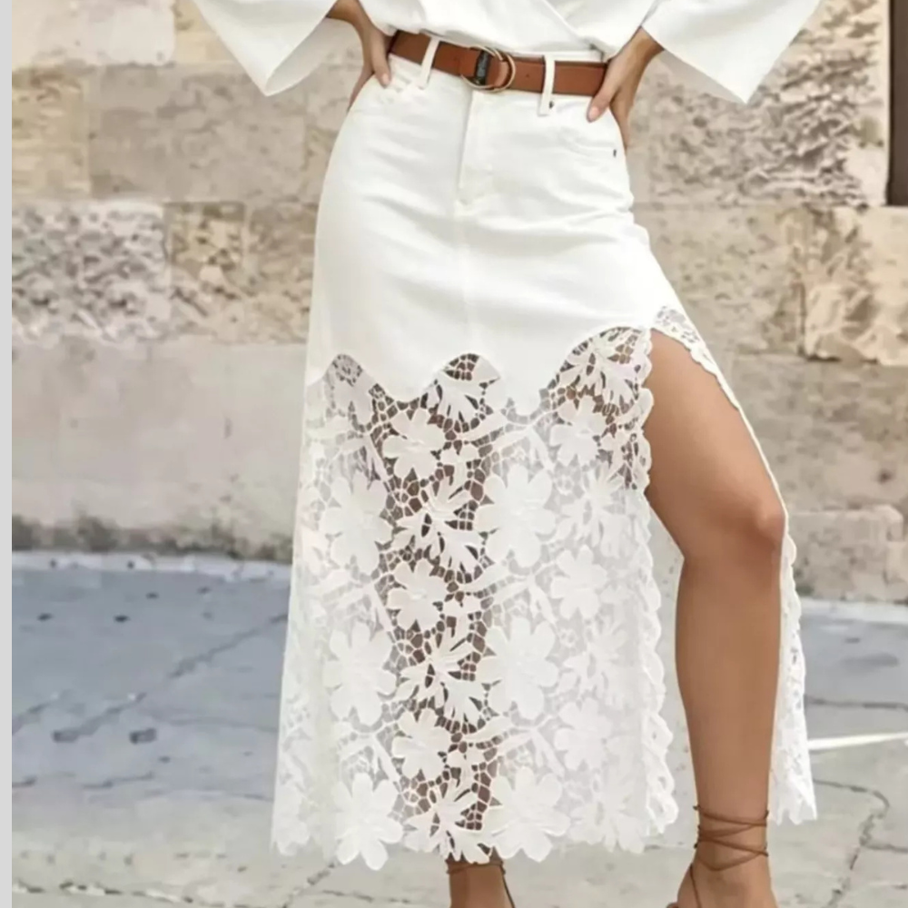 Lace Trimmed Slit Skirt