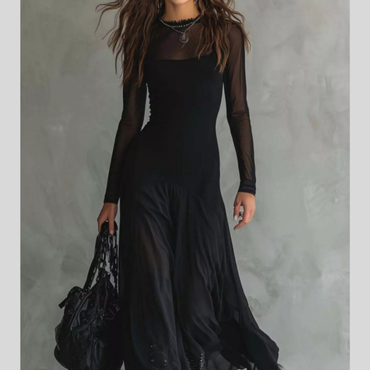Full Size Sheer Mesh Long Sleeve Maxi Dress Plus Size