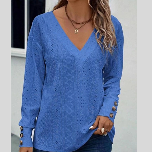 Eyelet V-Neck Long Sleeve Blouse