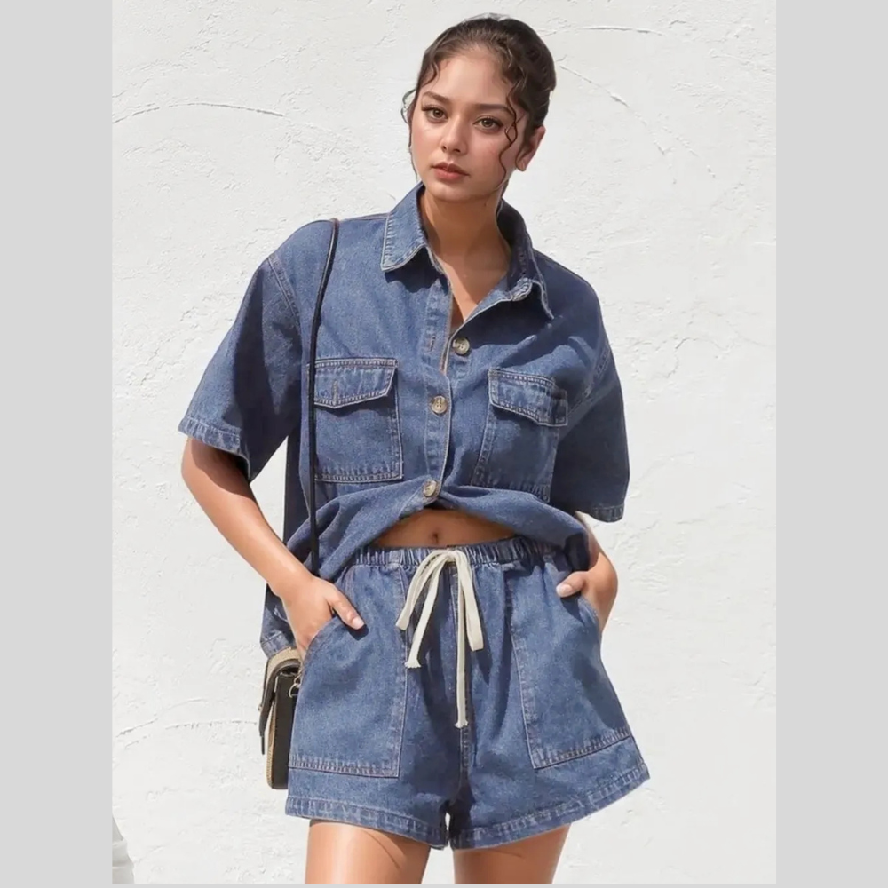 Collared Neck Button Up Top and Shorts Denim Set