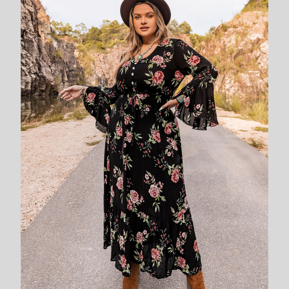 Plus Size Floral Flare Sleeve Dress