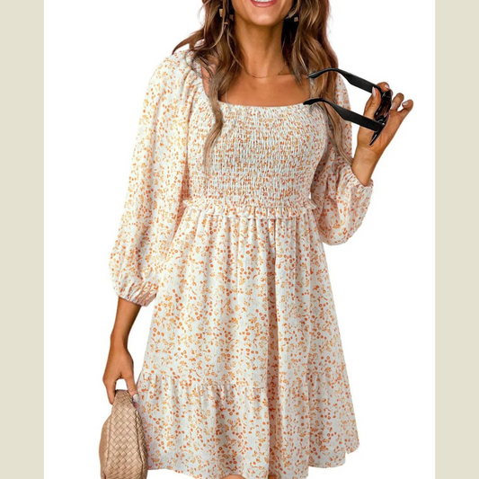 Smocked Floral Square Neck Dress