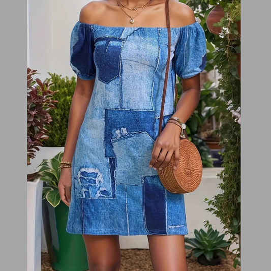 Patchwork Off Shoulder Denim Mini Dress