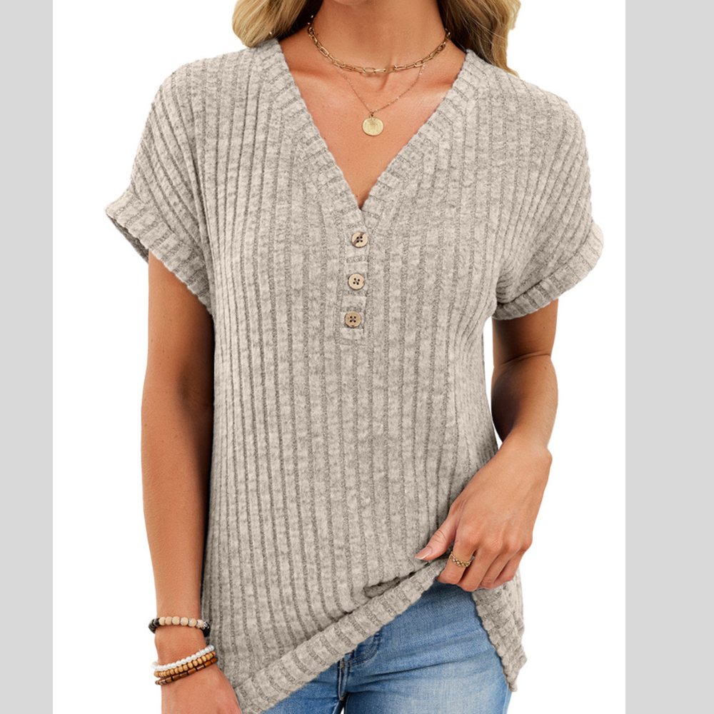 Ribbed Knit V-Neck T-Shirt
