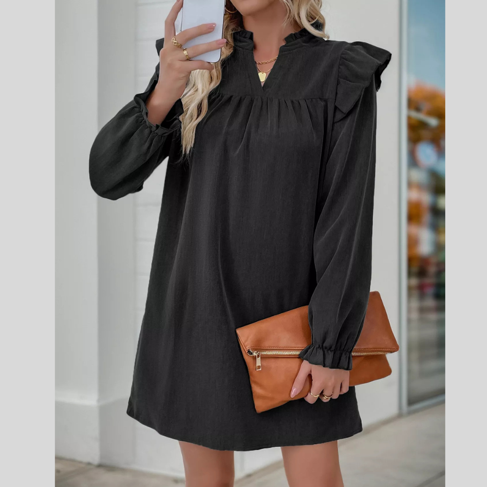 Ruffled Notched Flounce Sleeve Dress