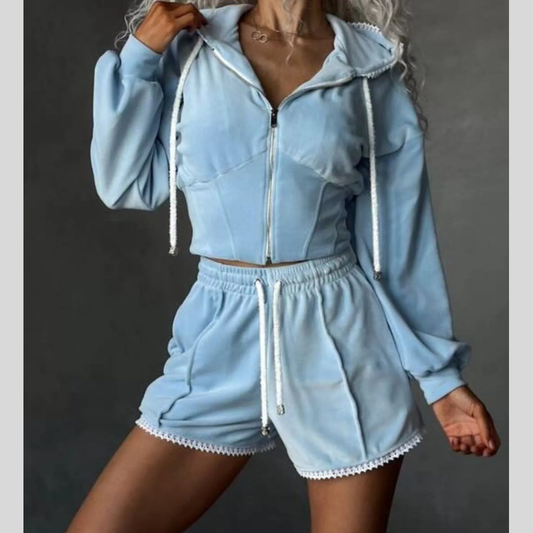 Zip Up Hooded Outerwear and Shorts Set