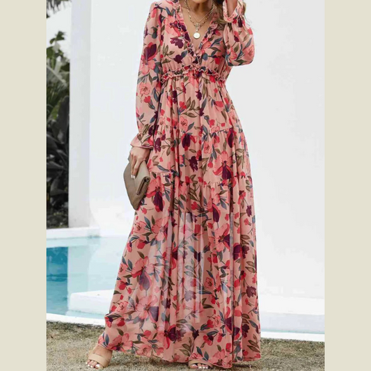 Frill Printed V-Neck Flounce Sleeve Dress