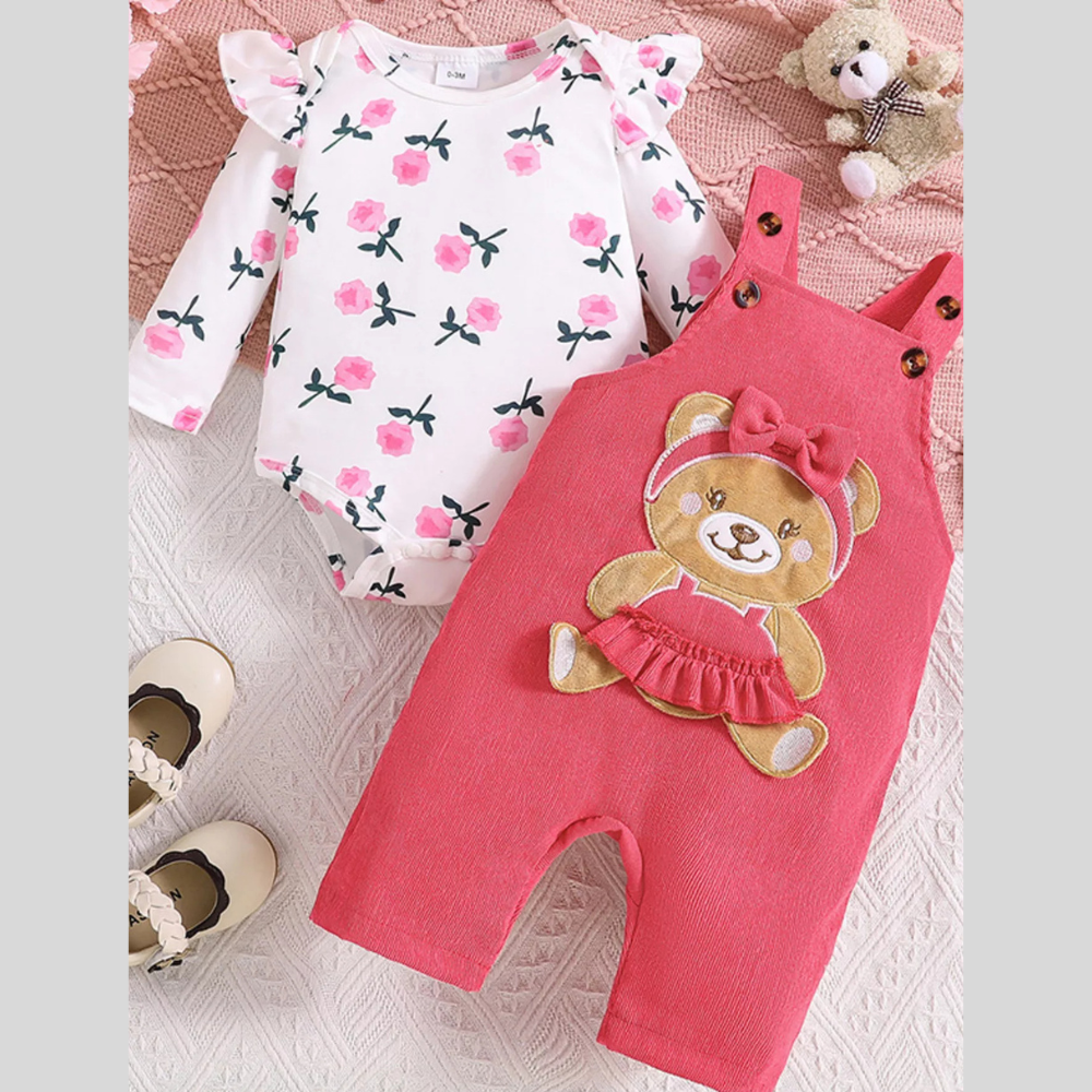 Children's Floral Print Ruffle Trim Bodysuit & Bear Applique Overalls Set