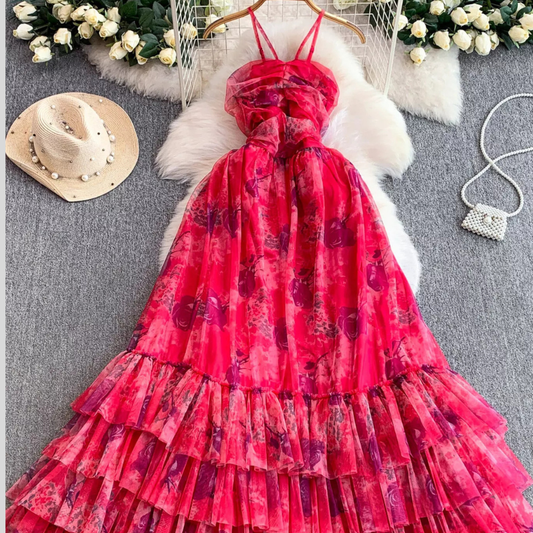 Floral Print Ruffled Layered Mesh Dress