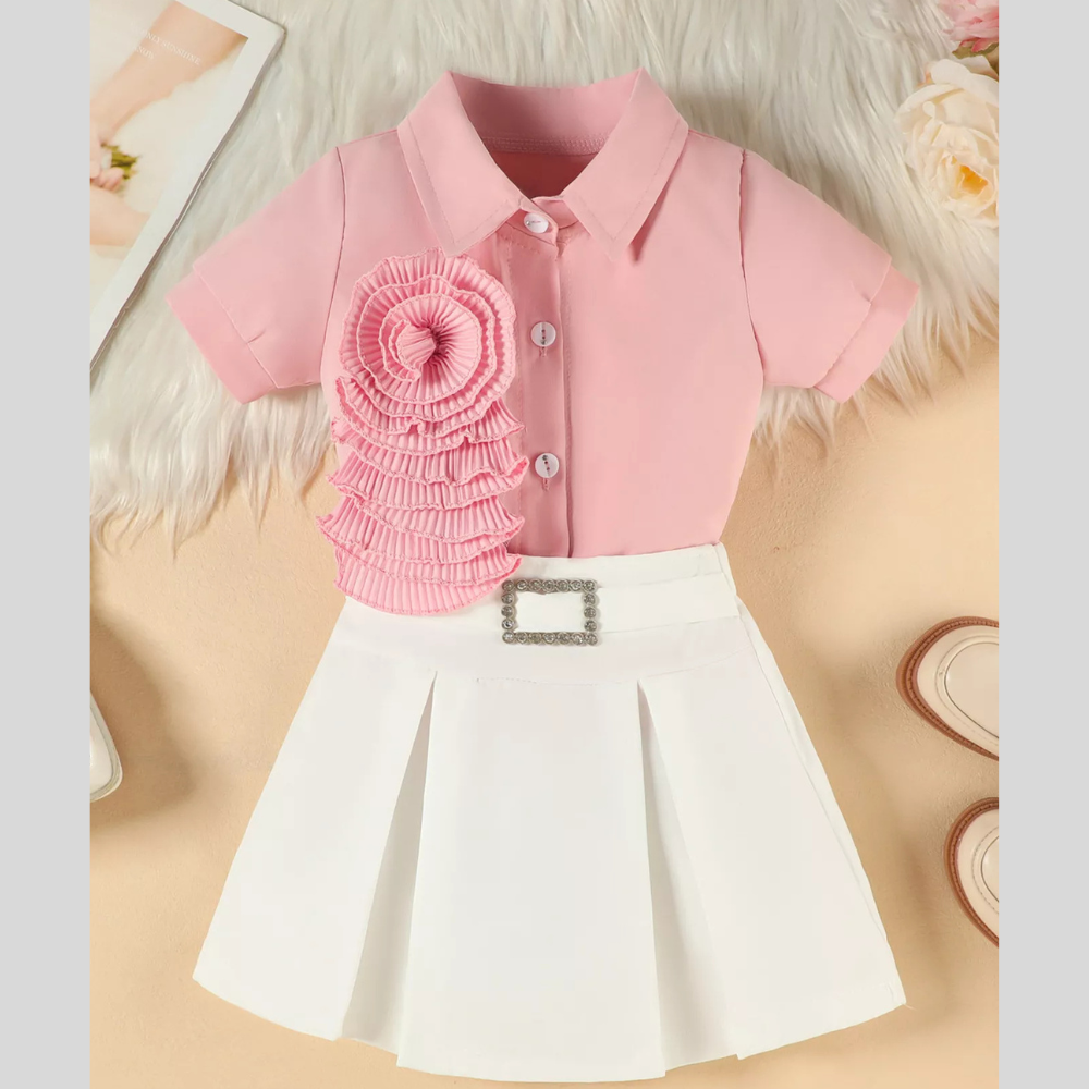Children's Flower Decor Shirt & Pleated Skirt Set