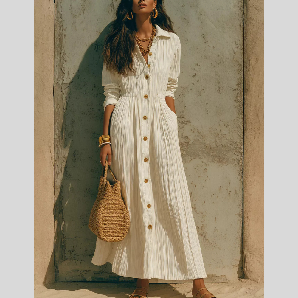 Full Size Textured Button Down Long Sleeve Maxi Dress Plus Size