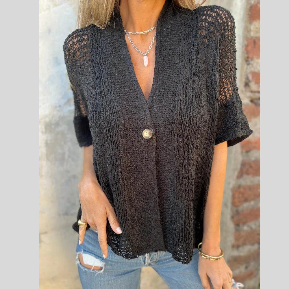 Full Size One Button Openwork Cardigan Plus Size