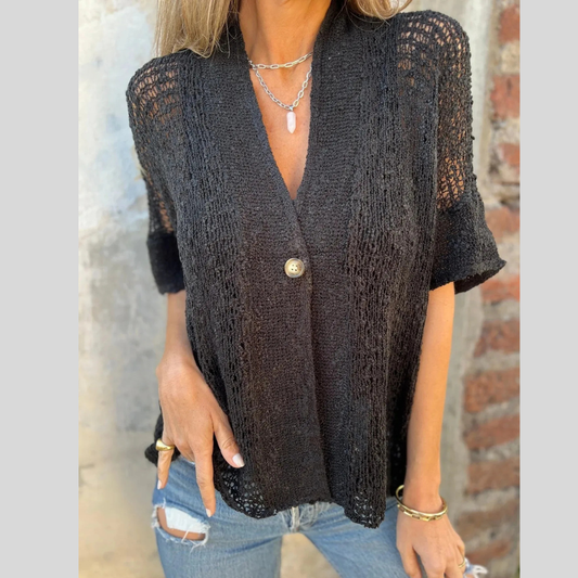 Full Size One Button Openwork Cardigan Plus Size