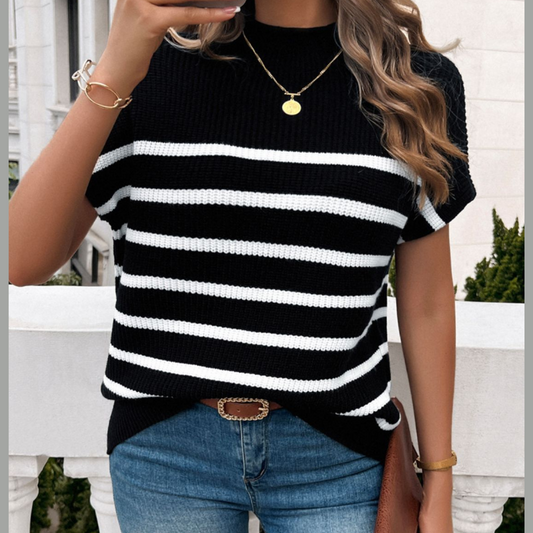 Devine Striped Mock Neck Short Sleeve Sweater