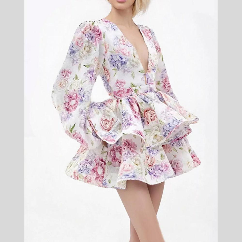 Floral Print Ruffle Layered Mini Dress
