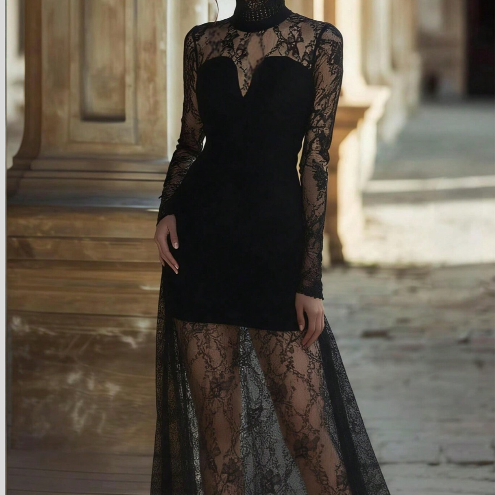 Lace High Neck Long Sleeve Maxi Dress