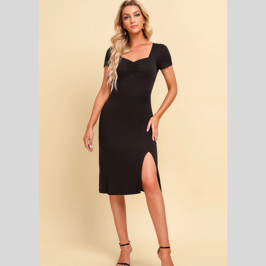 Ruched Sweetheart Neck Short Sleeve Slit Dress