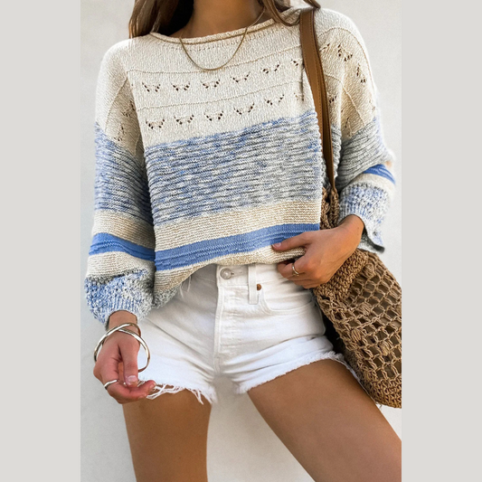 Color Block Boat Neck Long Sleeve Sweater