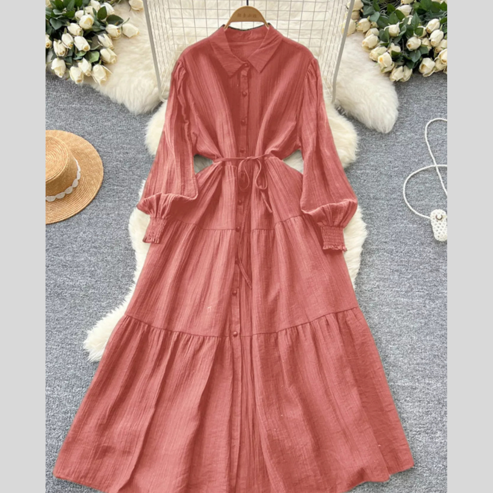 Button Down Tiered Long Sleeve Dress