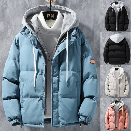 Fashion Hooded Jacket Men Winter Windproof Thickened Fake Two-piece Coat Solid Leisure Sports Cotton Jacket