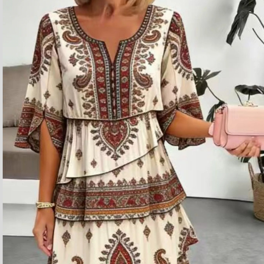 Full Size Paisley Print Layered Ruffle Mini Dress Plus Size