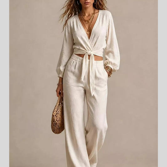 Tie-Front Crop Top and Wide-Leg Pant Set