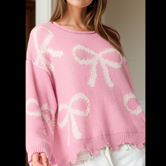 Pearl Detail Bow Round Neck Long Sleeve Sweater