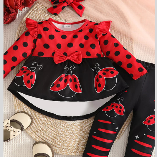 Children's Ladybug Polka Dot Ruffle Trim Top and Pants Set with Headband