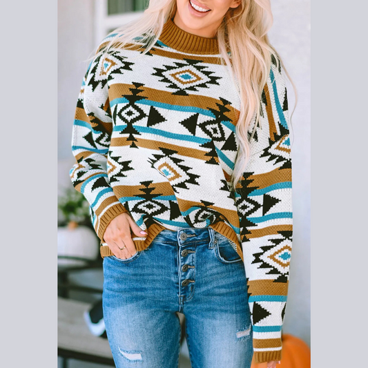 Full Size Geometric Round Neck Long Sleeve Sweater