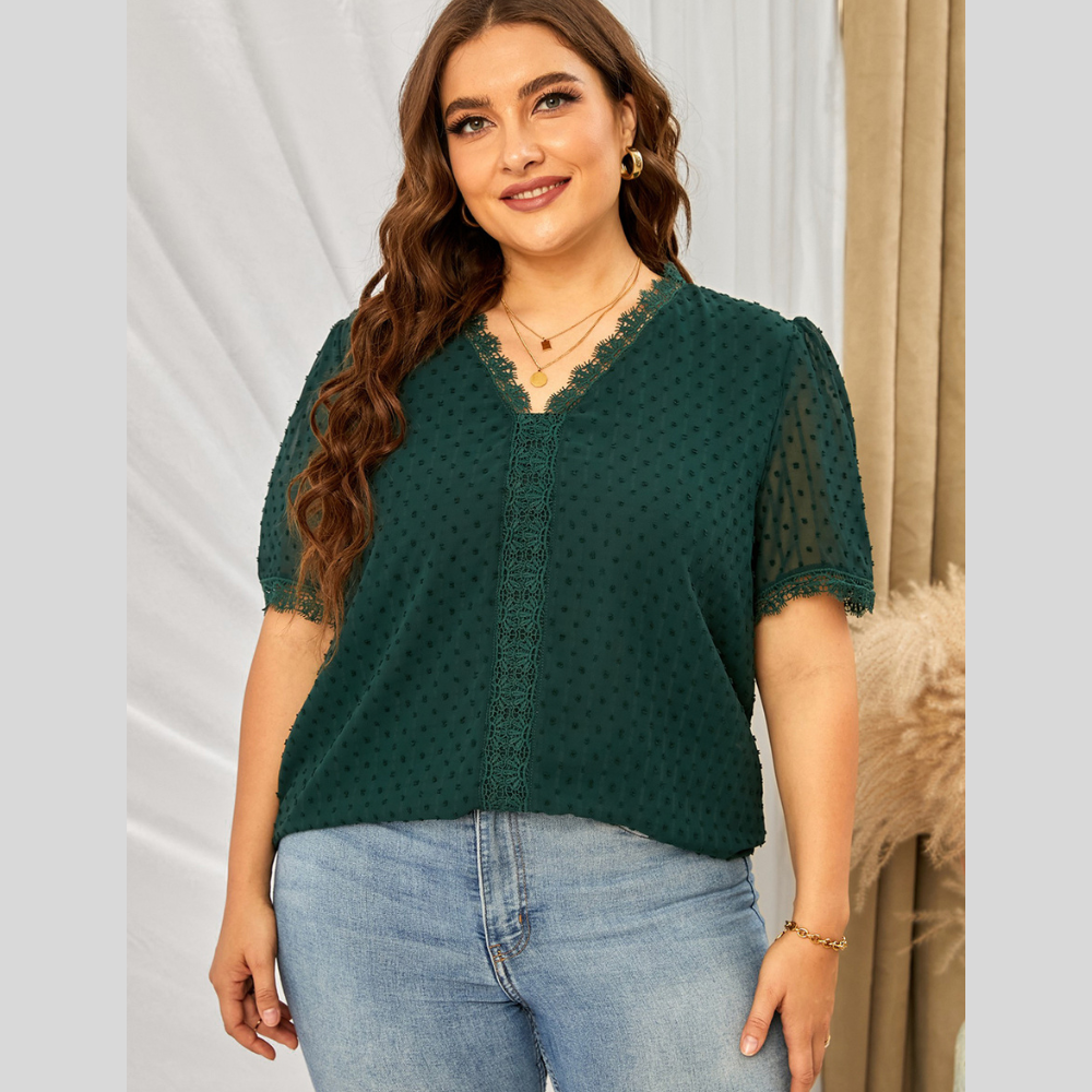 Plus Size Swiss Dot Spliced Lace V-Neck Blouse