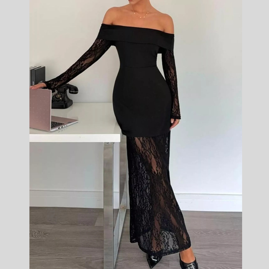 Off-Shoulder Lace Long Sleeve Maxi Dress