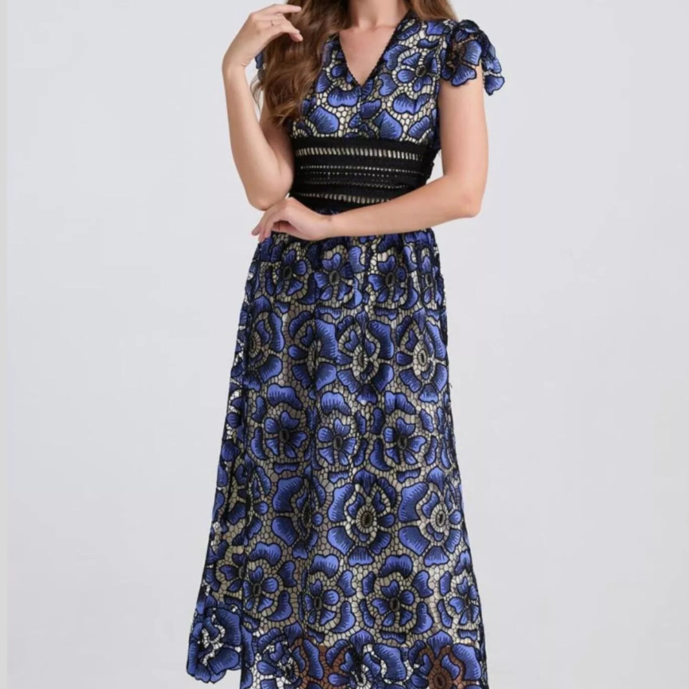 Printed V-Neck Ruffle Sleeve Midi Dress