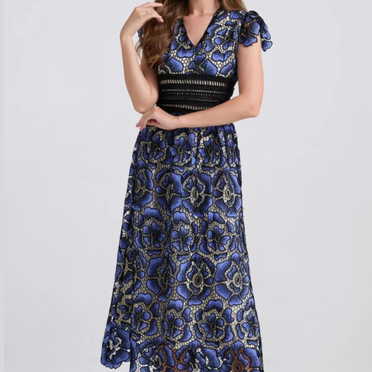 Printed V-Neck Ruffle Sleeve Midi Dress