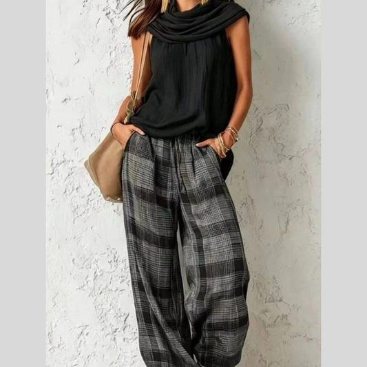 Full Size Sleeveless Cowl Neck Top and Plaid Wide-Leg Pant Two-Piece Set Plus Size