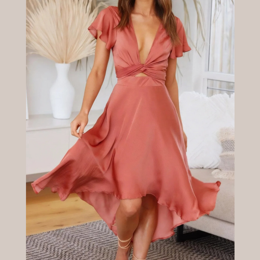 High-Low Plunge Flutter Sleeve Dress