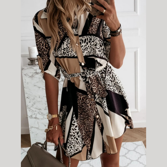 Printed Tie Waist Roll-Tab Sleeve Mini Dress