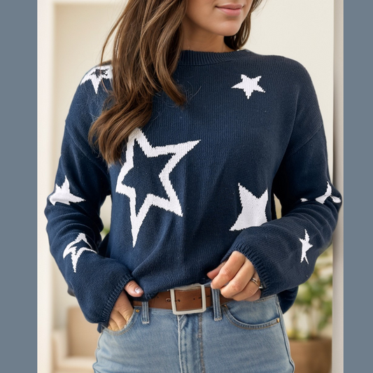 Star Round Neck Long Sleeve Sweater