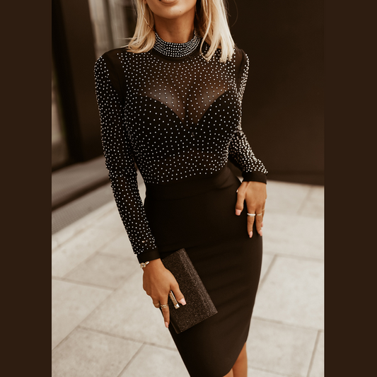 Rhinestone Mock Neck Long Sleeve Dress