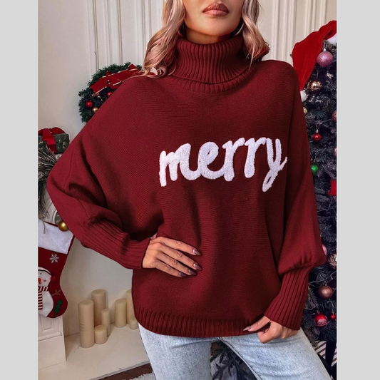 Merry Turtleneck Long Sleeve Christmas Sweater