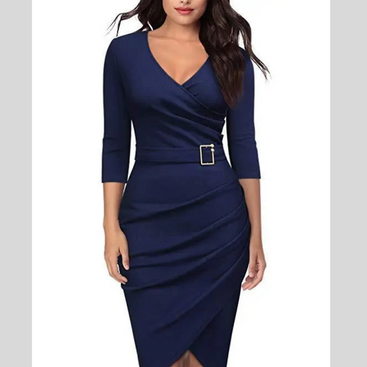 Spring And Summer New Amazon European And American Three-Quarter Sleeves V-Neck Office Dinner Party Dress Dress Women