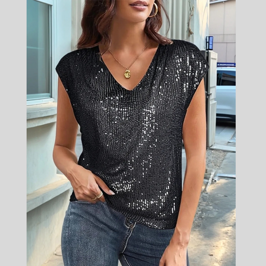 V-Neck Sequin Cap Sleeve Top