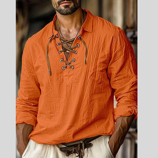 Men's Full Size Vintage Lace-Up Long Sleeve Blouse Plus Size