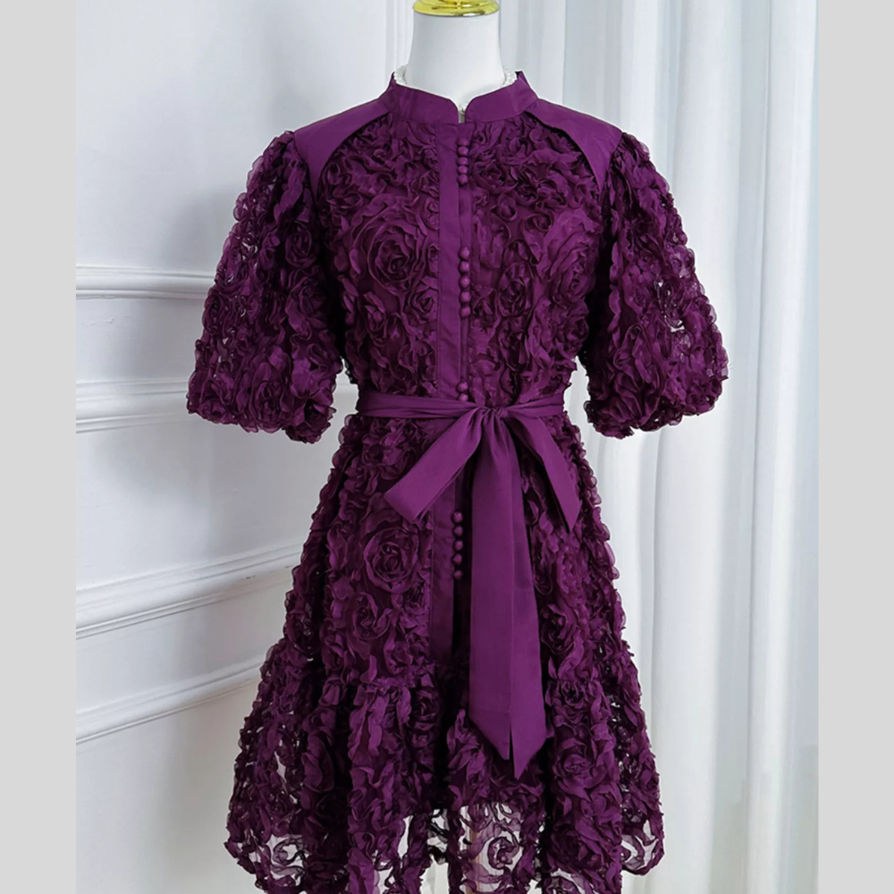 Flower Embellished Puff Sleeve Dress