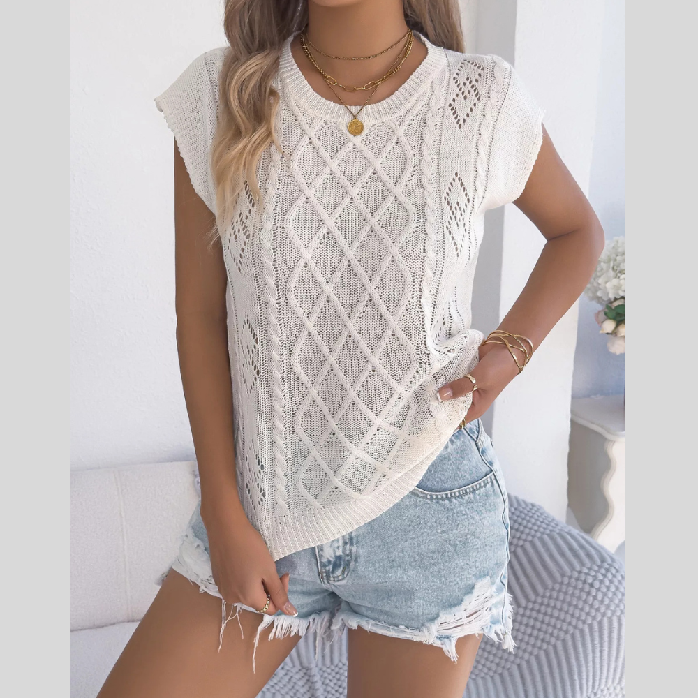Cable Knit Openwork Cap Sleeve Sweater