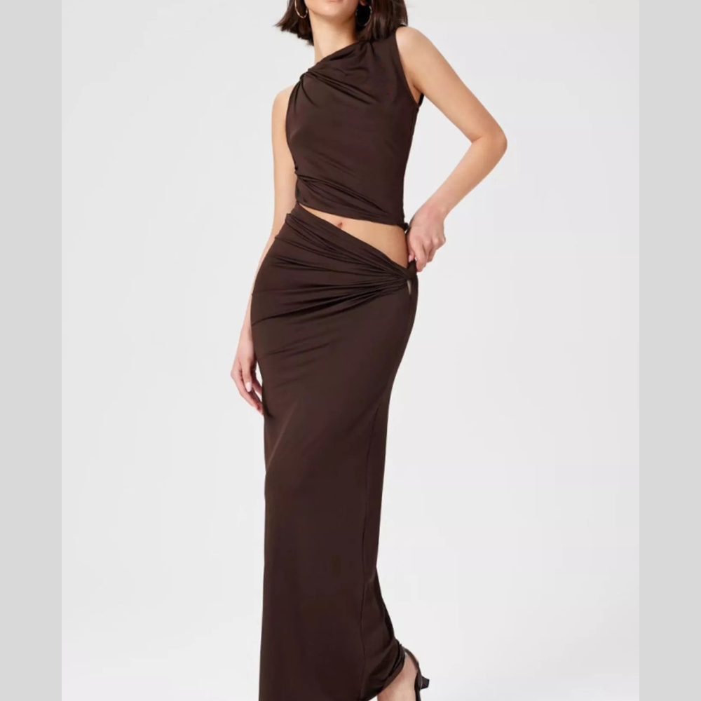 Asymmetrical Ruched Knit Top and Skirt Set