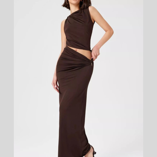 Asymmetrical Ruched Knit Top and Skirt Set