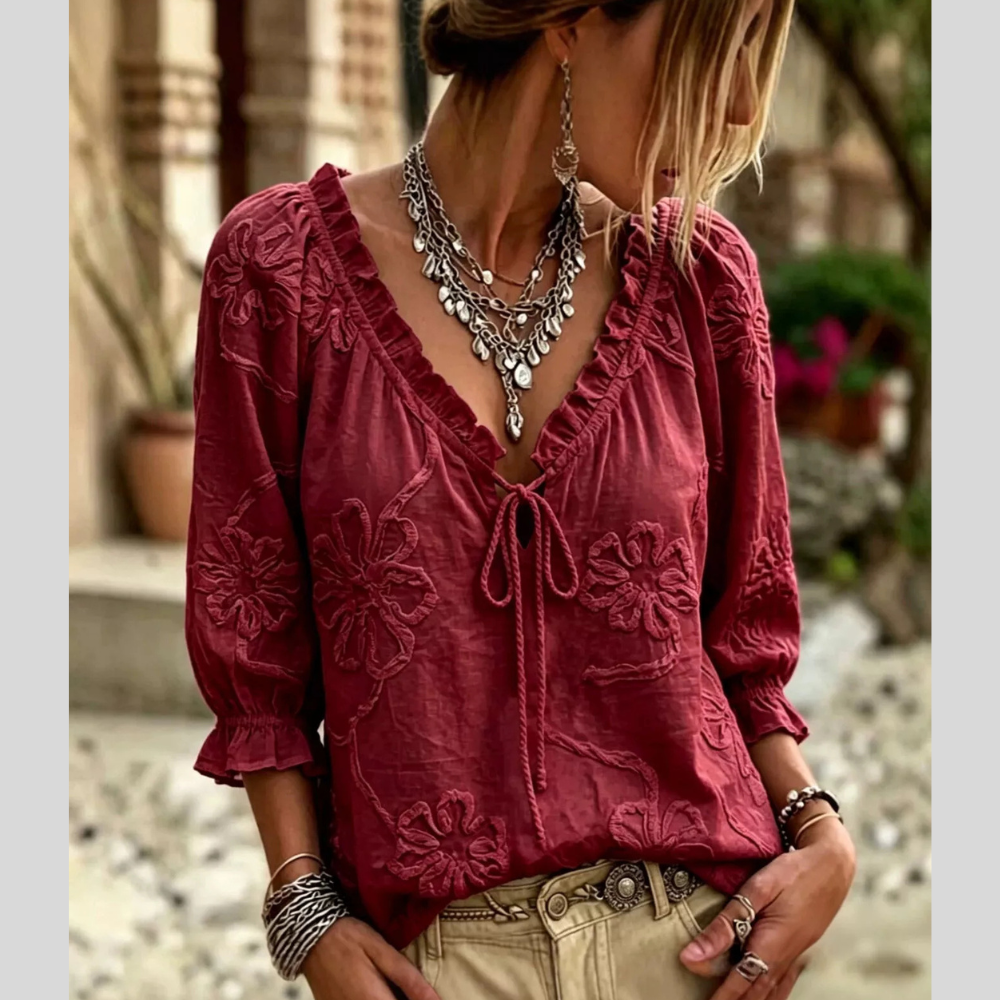 Floral Tie Neck 3/4 Sleeve Blouse