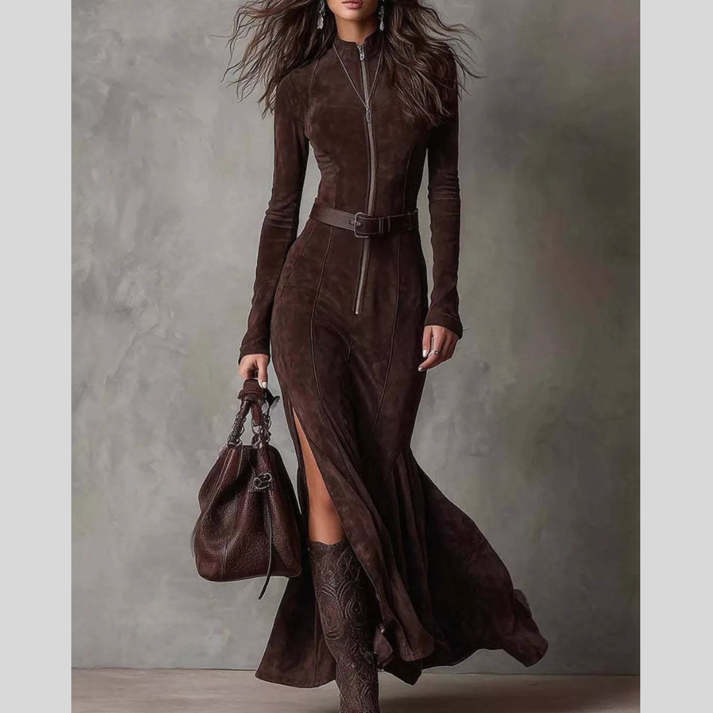 Full Size Slit Zip-Front Long Sleeve Maxi Dress with Belt Plus Size