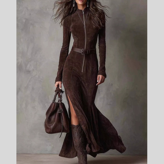 Full Size Slit Zip-Front Long Sleeve Maxi Dress with Belt Plus Size